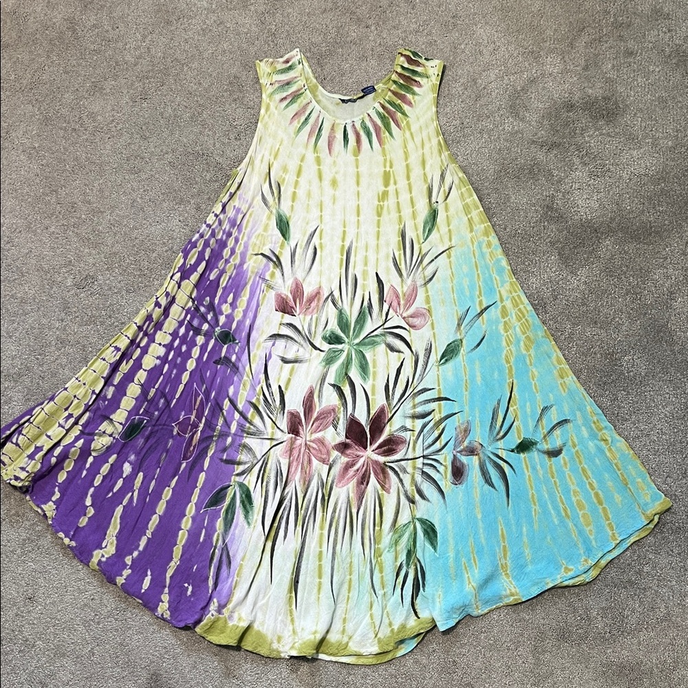 Nooriya Tie Dye Flowers Multicolor Flowy Hippie Festival Dress One Size
